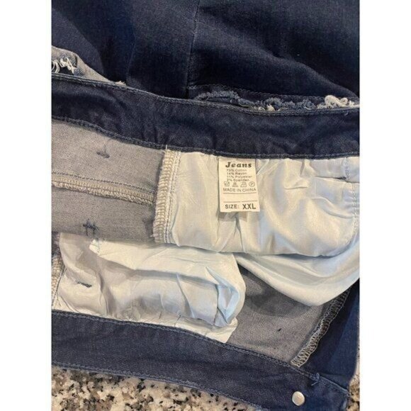 Women’s Blue Patchwork Flare Jeans XXL Multi-Color Denim High Waist Frayed Hem - Picture 4 of 7
